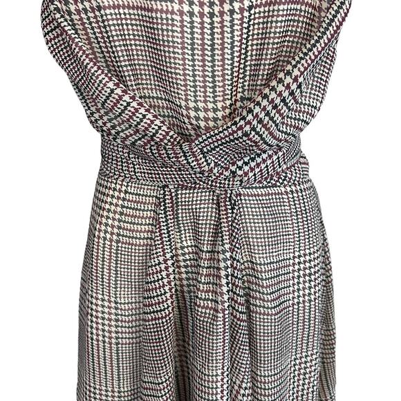 Maison Jules Tie Front Fit Flare Dress Houndstooth Sz 10 Burgundy Black Cream - Picture 5 of 10